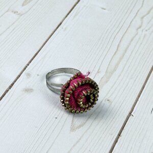 Pink Rose Zipper Ring Flower Upcycled Handmade Jewelry
